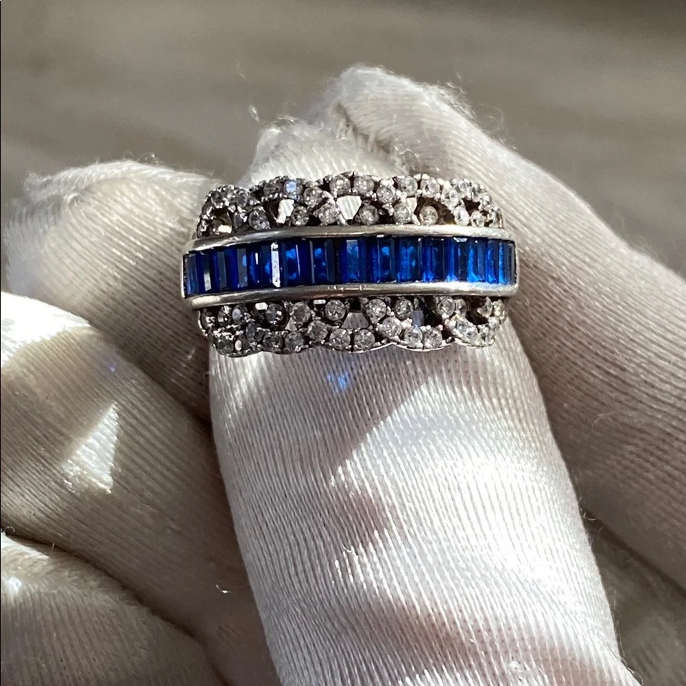18K White Gold Plated Lab Blue Sapphire & 1/4 TCW Diamond Filigree Ring Sz 7